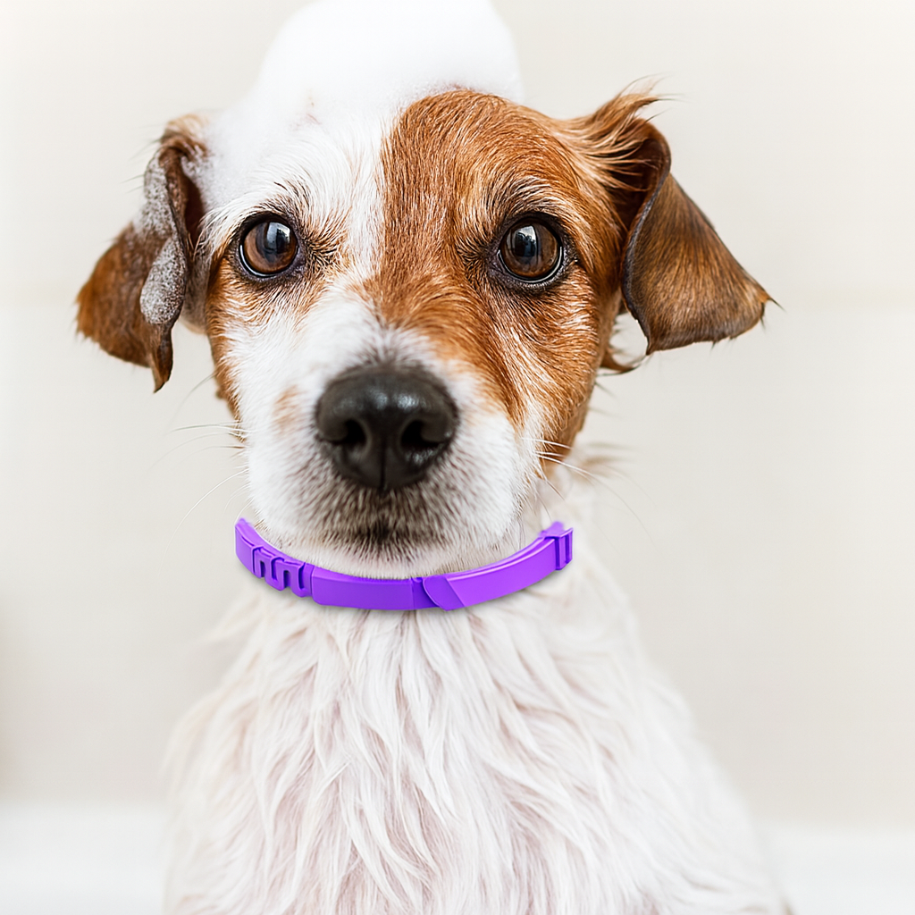 chien de couleur blanc et brun avec un collier relaxant violet