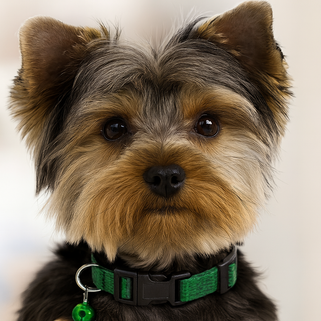 collier petit chiot de couleur vert et noir avec un petit chien de couleur claire 