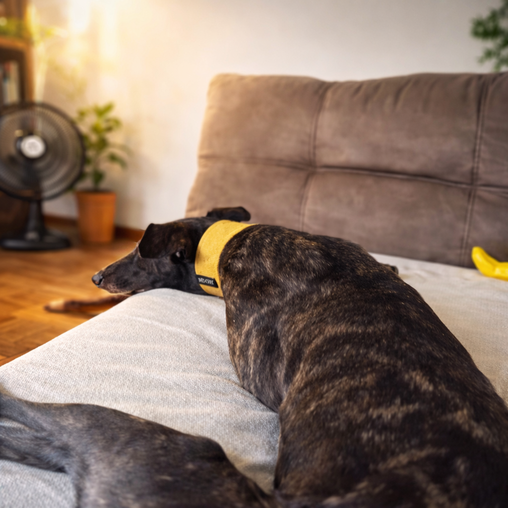 Collier pour chiot whippet sur un grand chien fonce portant un collier jaune dans un salon claire