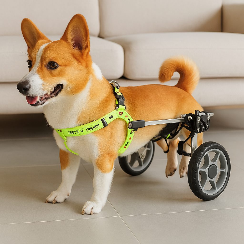Corgi sur chariot de marche pour soulager les pattes arrière du chien. Le chien est de couleur roux et blanc avec en fond un canapé blanc. Image produit Boutiquechien
