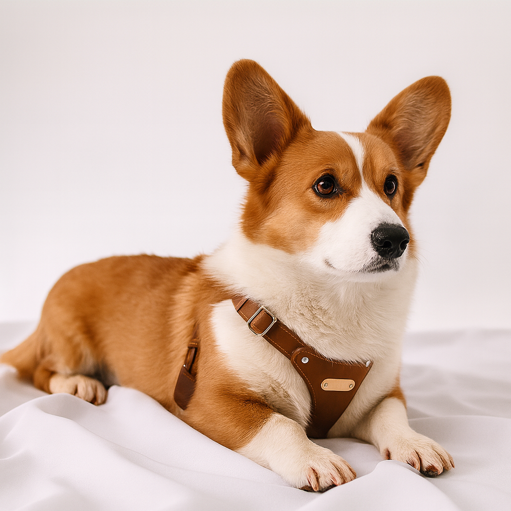 corgi de couleur brun et blanc avec un harnais chien cuir de couleur brun. image produit Boutiquechien Image