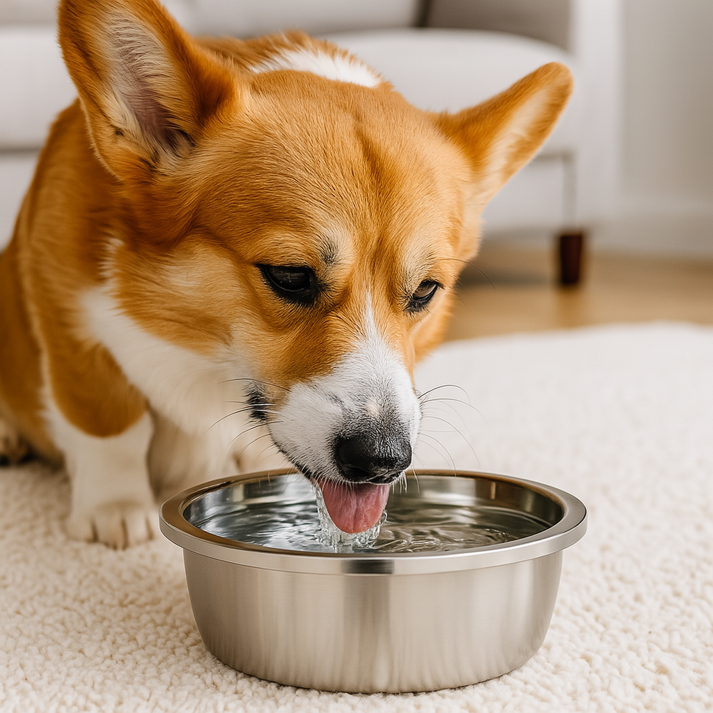 Corgi blanc et brun buvant dans une gamelle en inoxsur un tapis blanc. En fond il y a un canapé de couleur gris. Image produit Boutiquechien