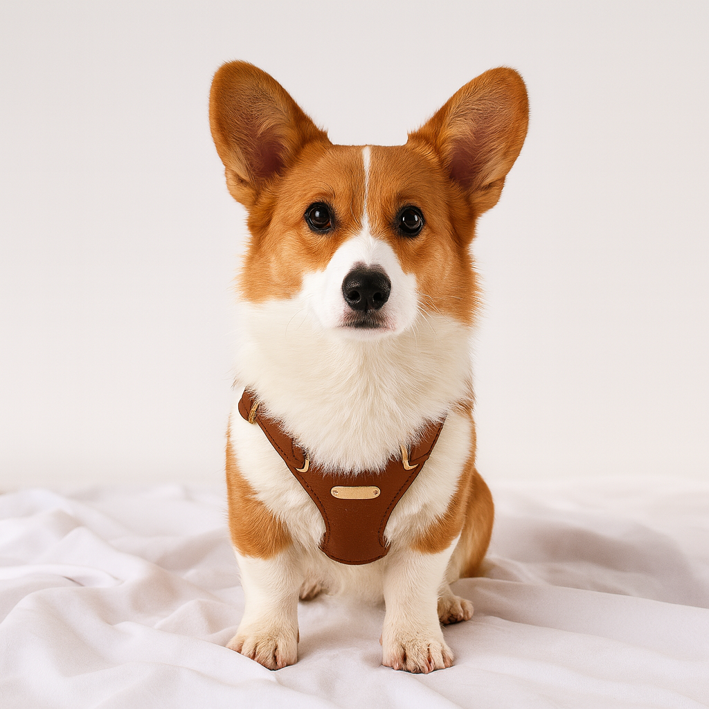 Corgi de couleur brun et blanc avec un harnais de couleur cuir. Le chien est assis sur un drap blanc dans un fond blanc. Image produit Boutiquechien Image