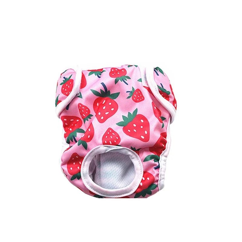 Couche culotte pour chien de couleur rose avec fraise dessus. Image produit Boutiquechien