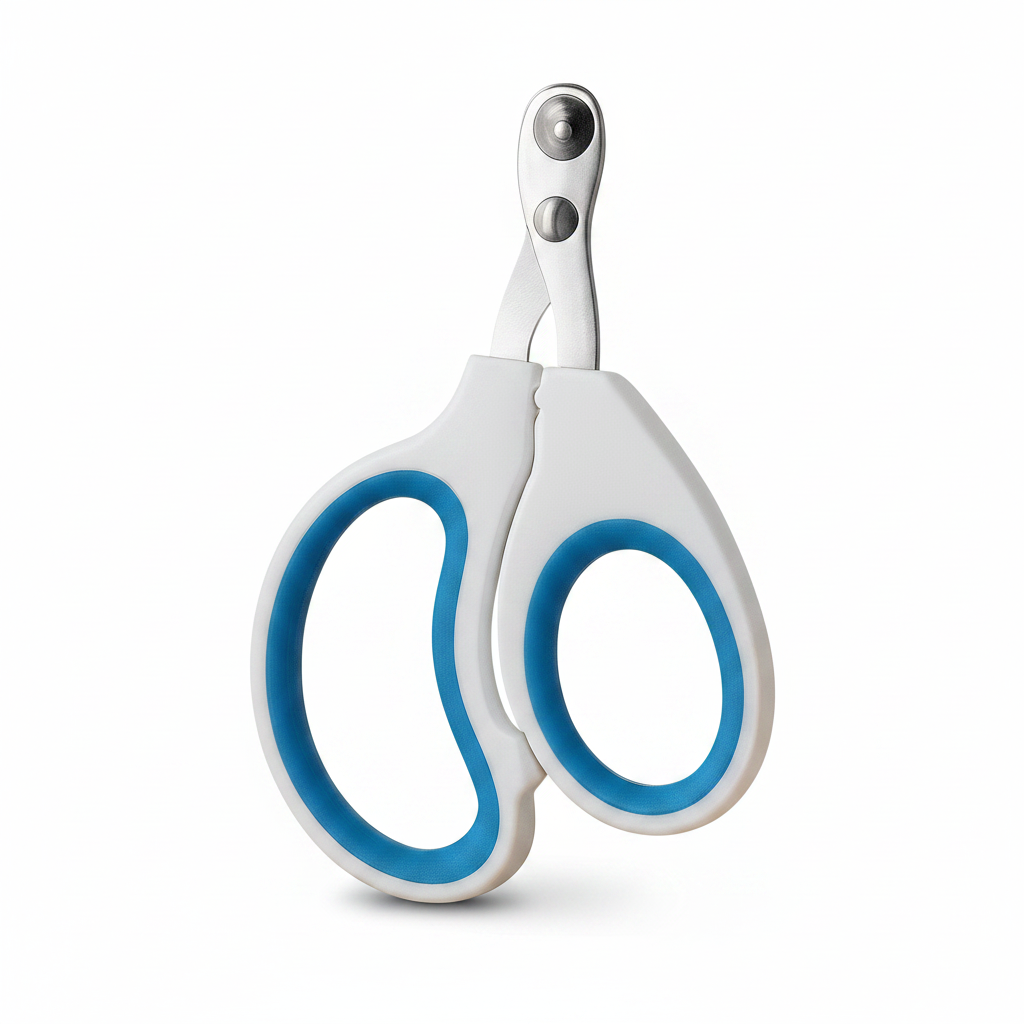 coupe ongle pour chien de couleur blanc et blanc posé sur une table basse nbois de couleur bois. En fond il y a un canapé de couleur gris avec une corbeille par terre. image produit Boutiquechien