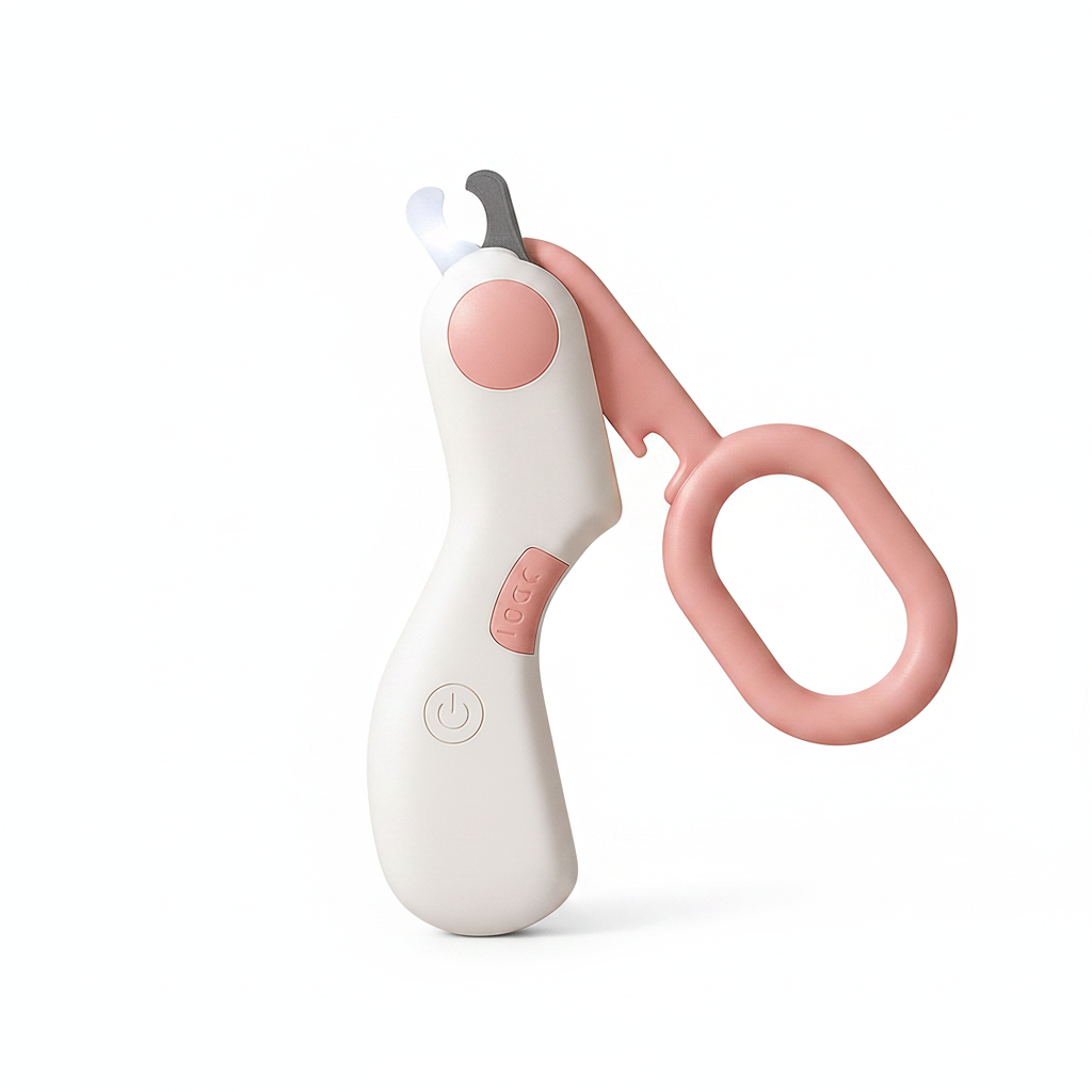 couple ongle de couleur blanc et rose avec led intégré. Le coupe ongle est posé sur un canapé. Image produit Boutiquechien