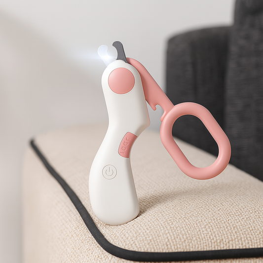 couple ongle de couleur blanc et rose avec led intégré. Le coupe ongle est posé sur un canapé. Image produit Boutiquechien