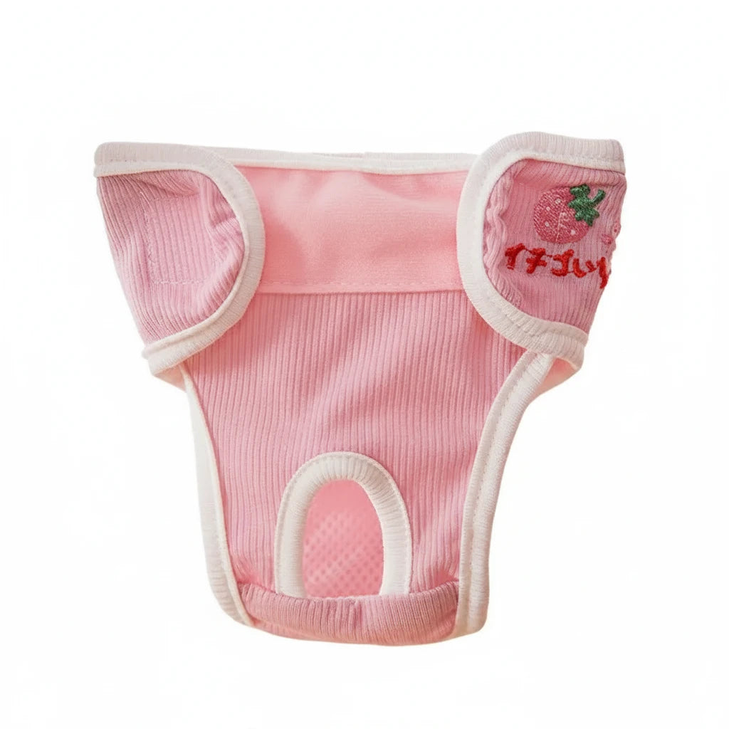Petit culotte pour les chiens de couleur rose ave une forme de fraise. Image produit Boutiquechien