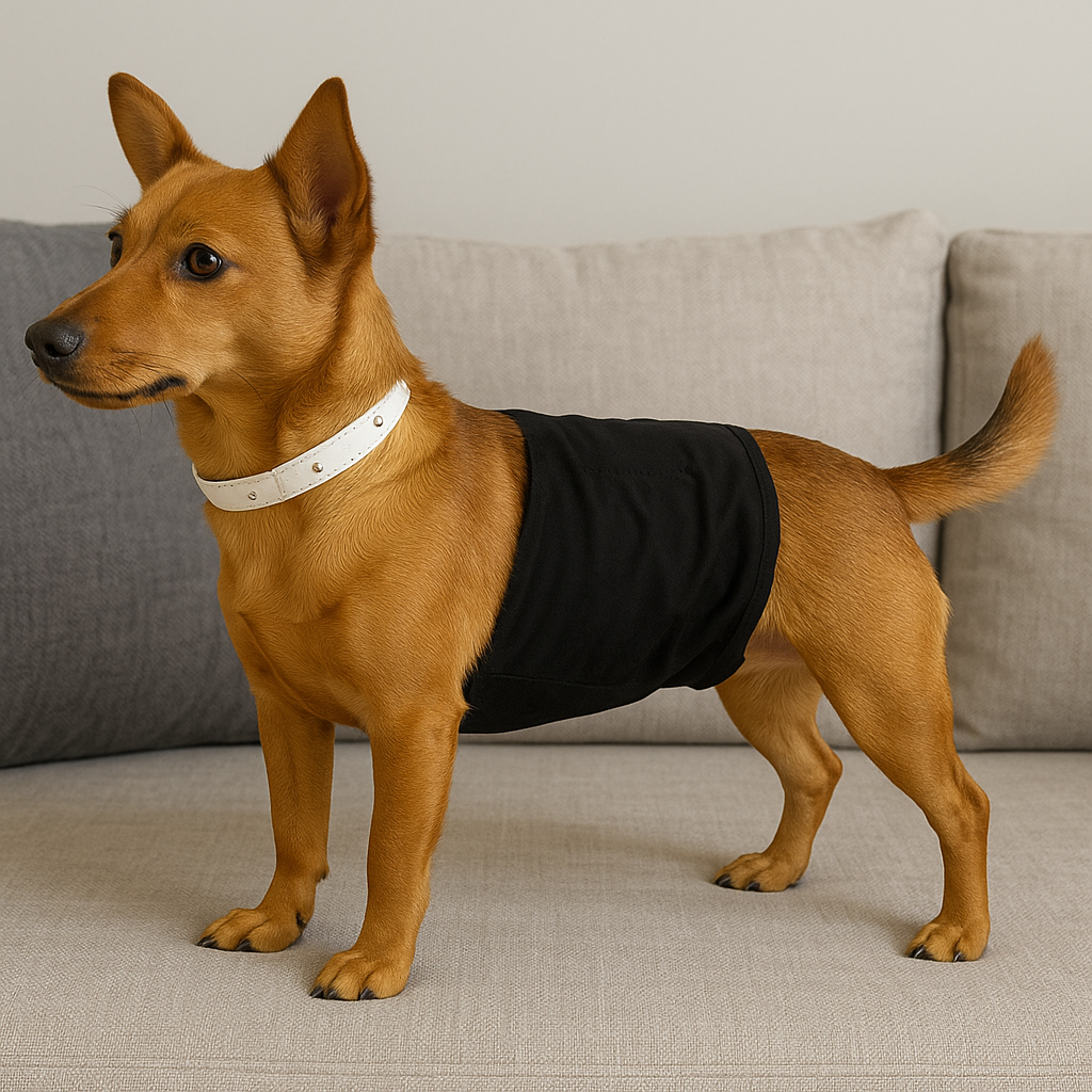 Petit chien de couleur burn portant une culotte pour chine de couleur noir. Le chien est debout sur un canapé gris. Image produit Boutiquechien