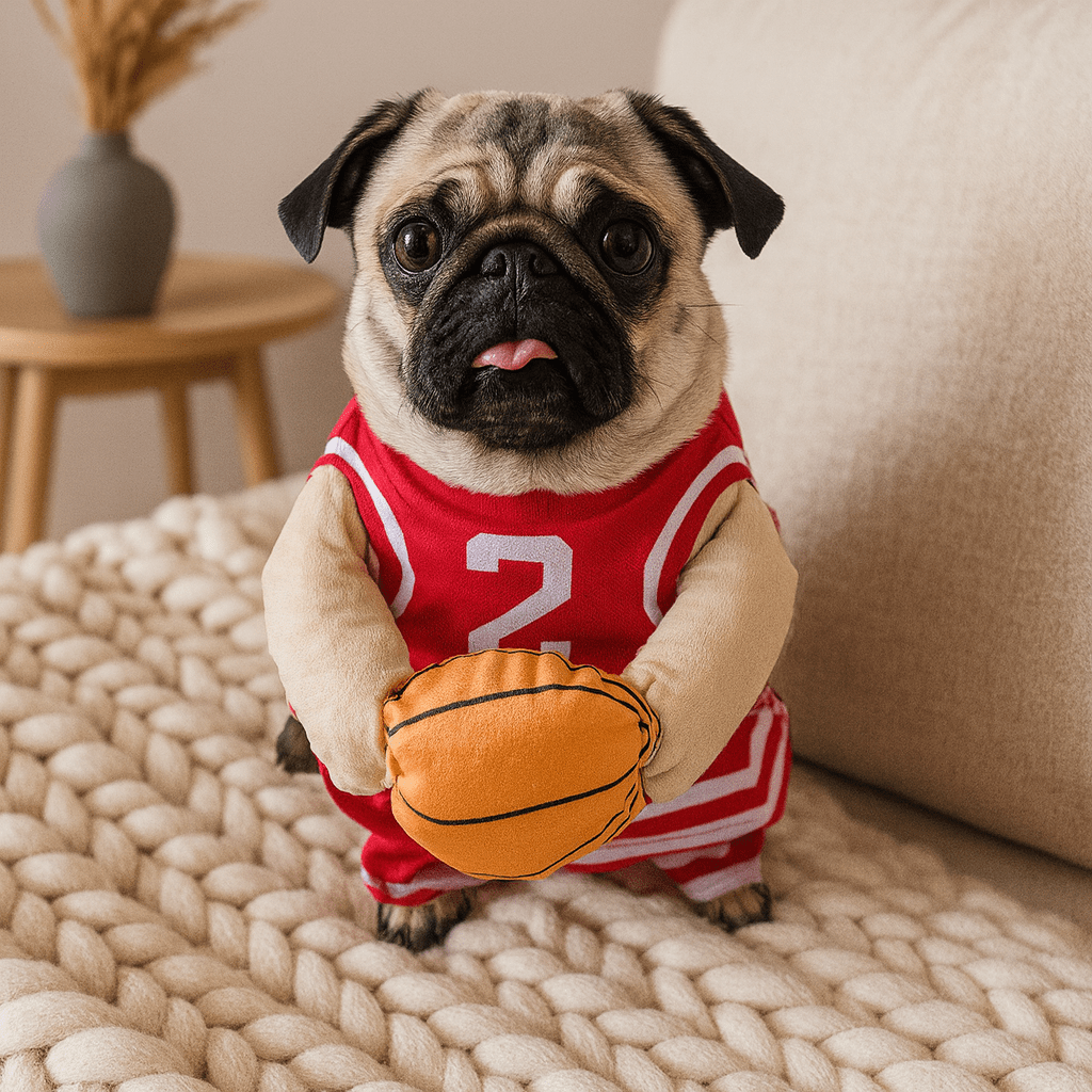 Buldog blanc et noir portant un déguisement pour chien de basketteur de couleur rouge. Le chien est sur un canapé gris avec un meuble en bois. Image produit Boutiquechien
