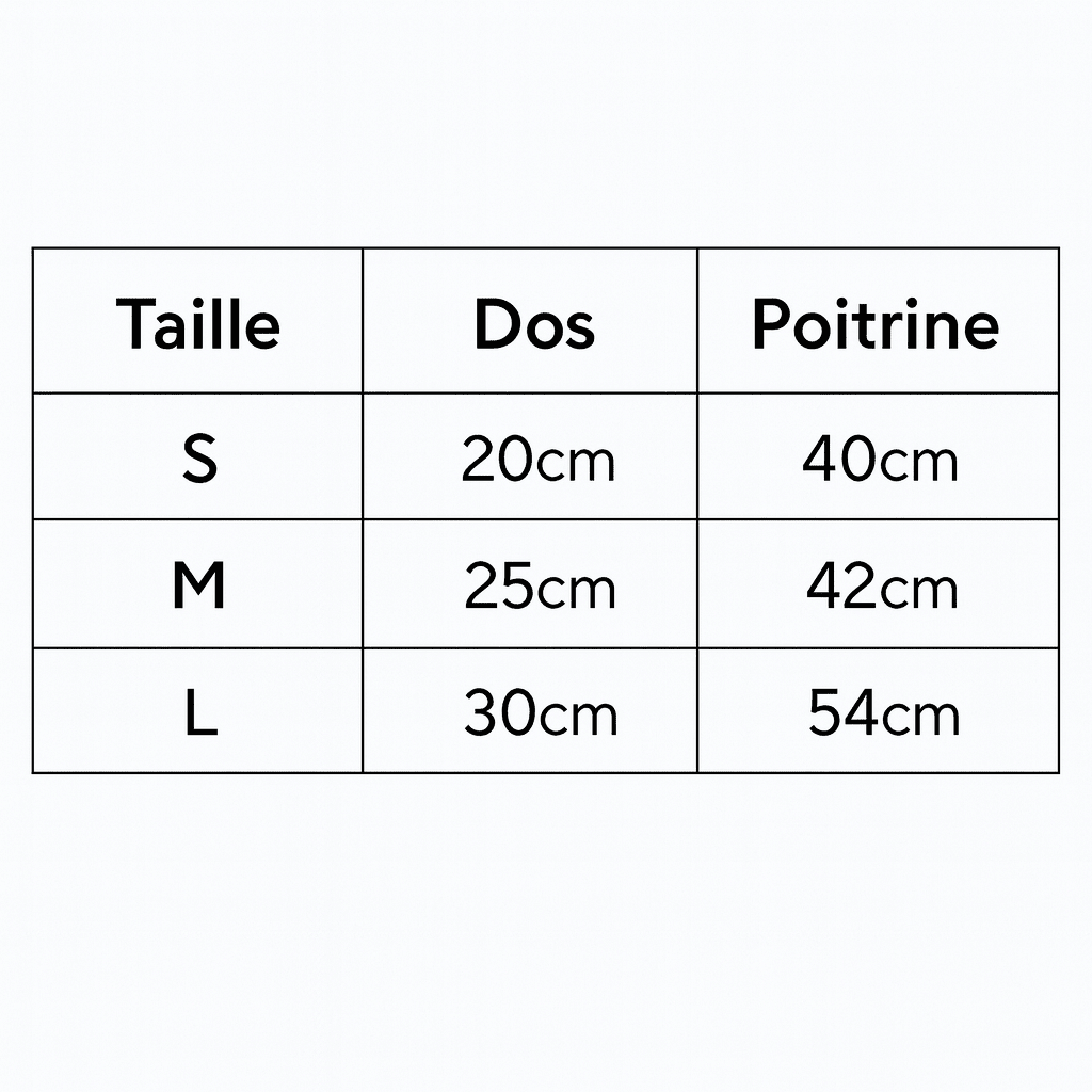 tableaux des dimensions pour les déguisement des chiens en formes de hot dog de boutiquechien