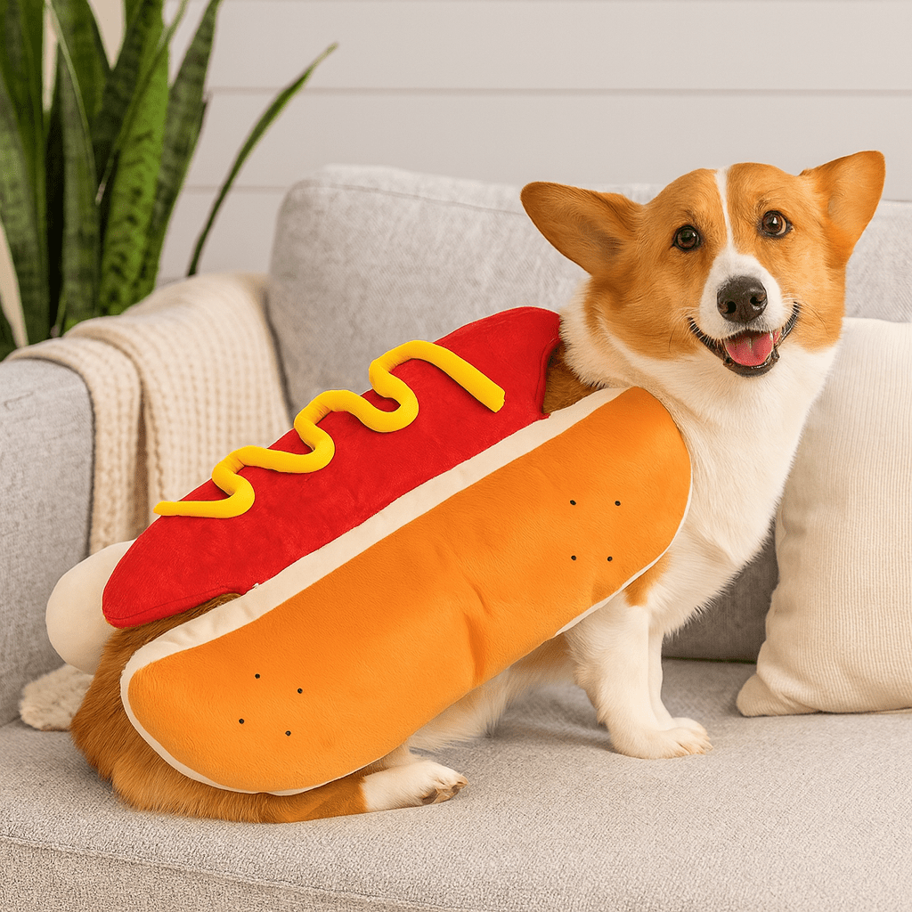 Corgi de couleur blanc et brun portant un déguisement  hot dog pour chien brun et rouge de boutiquechien. Le chien est sur un canapé gris avec en fond une plante verte de boutiquechien