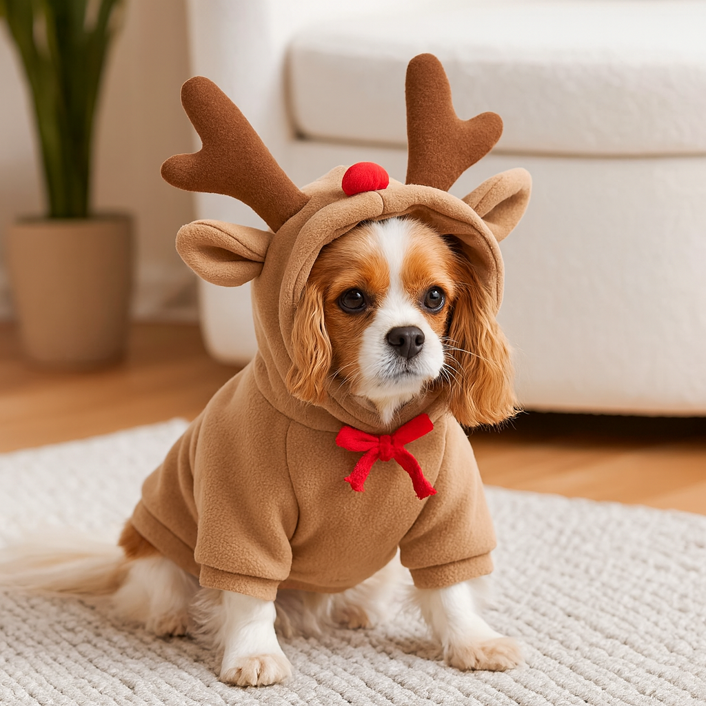 petit chien brun et blanc portant un déguisement en forme de cerf de couleur brun. Le chien est assis sur un tapis pour chien blanc avec en fond une plante verte et un canapé blanc. Image produit Boutiquechien Image