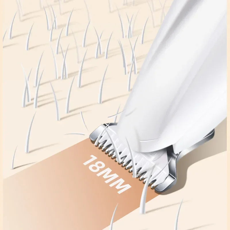 démonstration de la coupe de la tondeuse coussinet pour chien de couleur blanc. La tondeuse peut couper jusqu'à 18mm. Image produit Boutiquechien