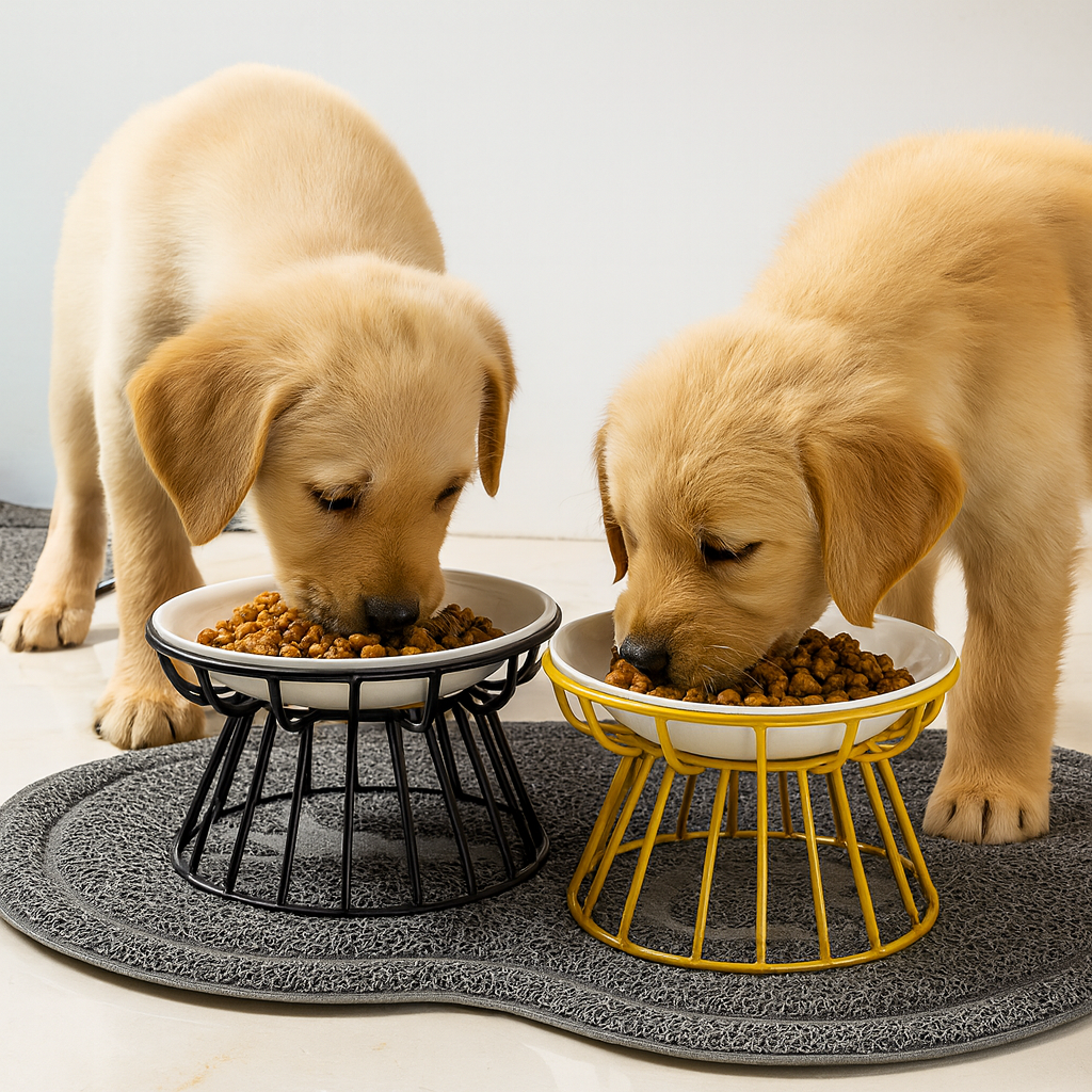 Deux chiot de couleur claire mangeant dans des gamelles surélevé de couleur jaune et noir. Image produit Boutiquechien