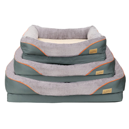 panier pour chien xl orthopédique moelleux et résistant. le panier est de couleur vert en extérieur et rembourré gris pour chien. Image produit de boutiquechien