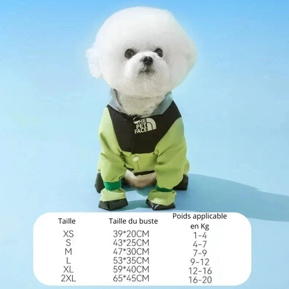 Dimension total de l'imper de couleur vert et noir avec toutes les tailles en tableau de boutiquechien