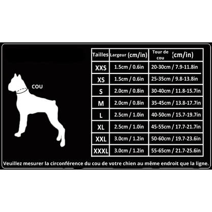 Dimension total du collier étrangleur pour chien rouge. Taille du tour de cou pour trouver le bon collier. Tableau de boutiquechien