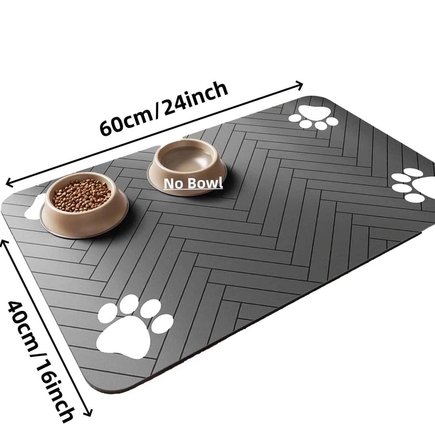 Tapis pour gamelle de couleur noir avec 4 formes de pattes de chaque côté du tapis gamelle. Le tapis gamelle chien est de couleur gris et il est posé dans un salon de couleur claire. Image produit Boutiquechien