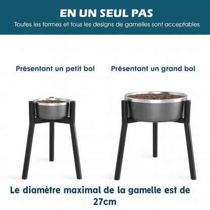 Dimensions du support de gamelle de couleur noir avec deux gamelles. Image produit Boutiquechien