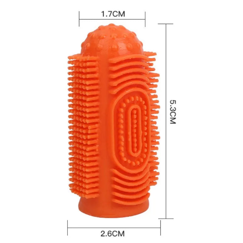 brosse a dent pour chien de couleur orange avec toutes les dimensions de ce produit. Image produit Boutiquechien