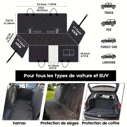 dimension total de la protection de siège et coffre de voiture. Image produit Boutiquechien