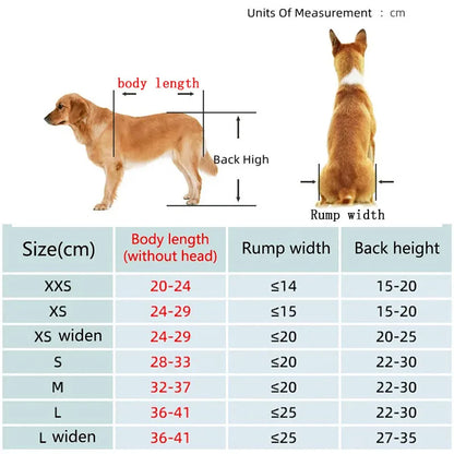 Dimensions total du chariot de marche pour chien handicapé avec un tableau de des tailles. Image produit Boutiquechien