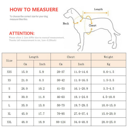 dimensions total du gilet de sauvetage pour chien en forme de tableau. Image produit Boutiquechien