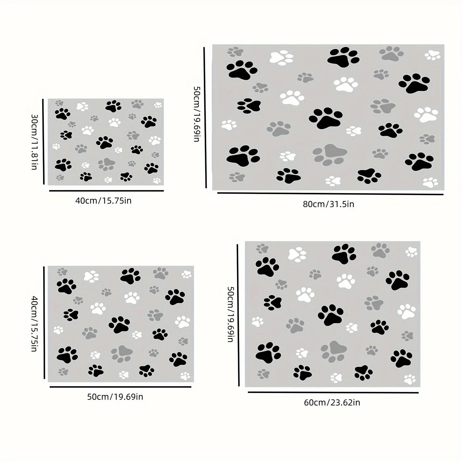 dimension total du tapis gamelle absorbant de couleur gris avec des pattes dessus. Image produit Boutiquechien