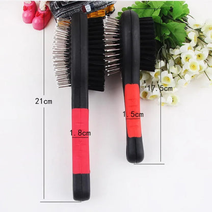 dimensions total de la brosse pour chien double sens de couleur noir et rouge. Image produit Boutiquechien