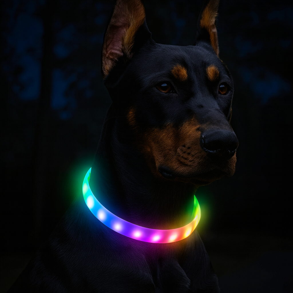 doberman de couleur noir et brun portant un collier lumineux de couleur multicolore Image