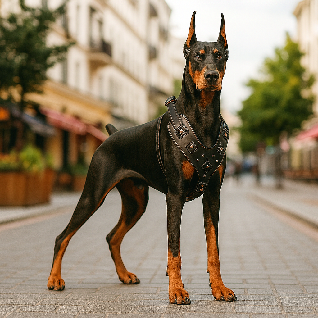 Doberman de couleur noir et burn portant un harnais en cuir noir pour gros chien. Le chien est en ville. Image produit Boutiquechien