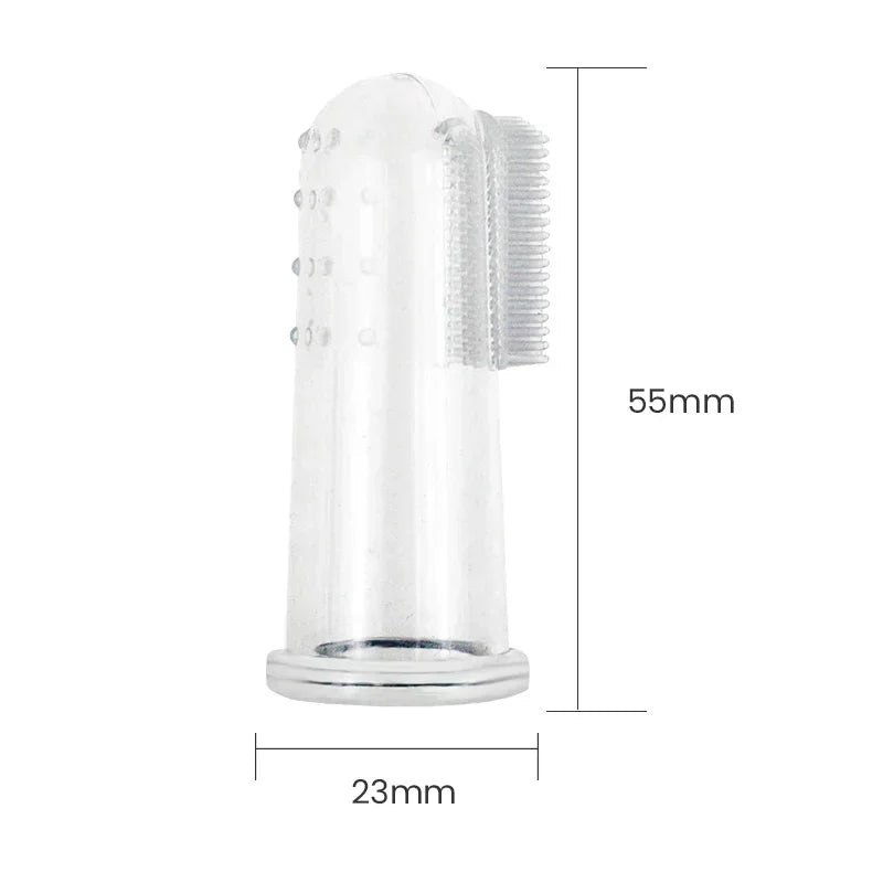 Dimensions total du doigt brosse a dent transparent de 55 mm de long sur 23mm de large. Image produit Boutiquechien