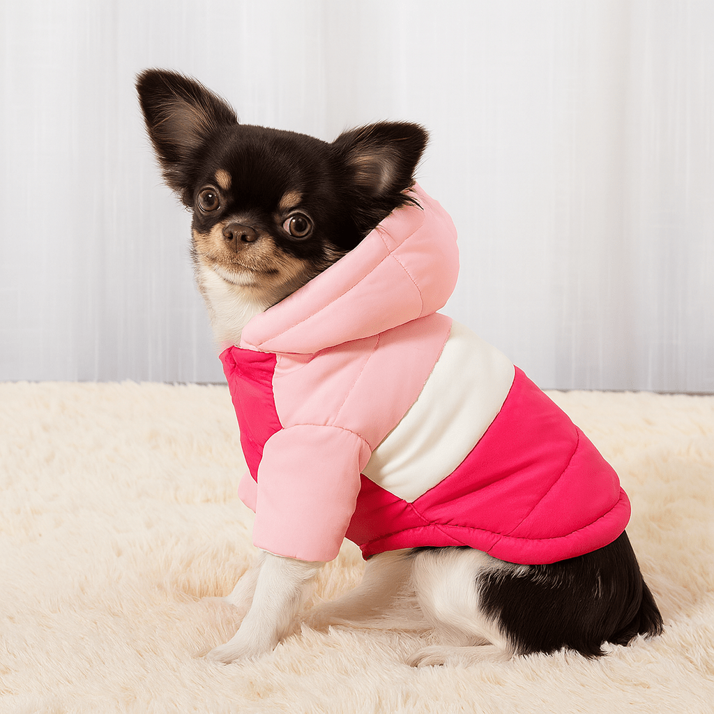 Petit chihuahua de couleur noir et blanc portant une doudoune pour chihuahua de couleur rose et rouge. Image produit Boutiquechien