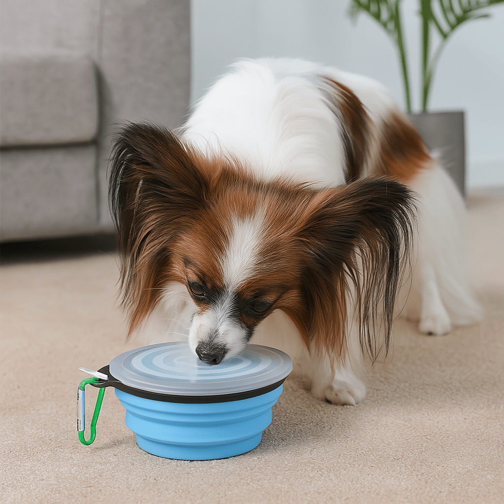 Petit chien blanc et brun avec gamelle pliante bleu. La gamelle bleu à un mousqueton vert et une protection transparente. EN fond il y a un canapé de couleur de gris et une plante verte. Image produit Boutiquechien