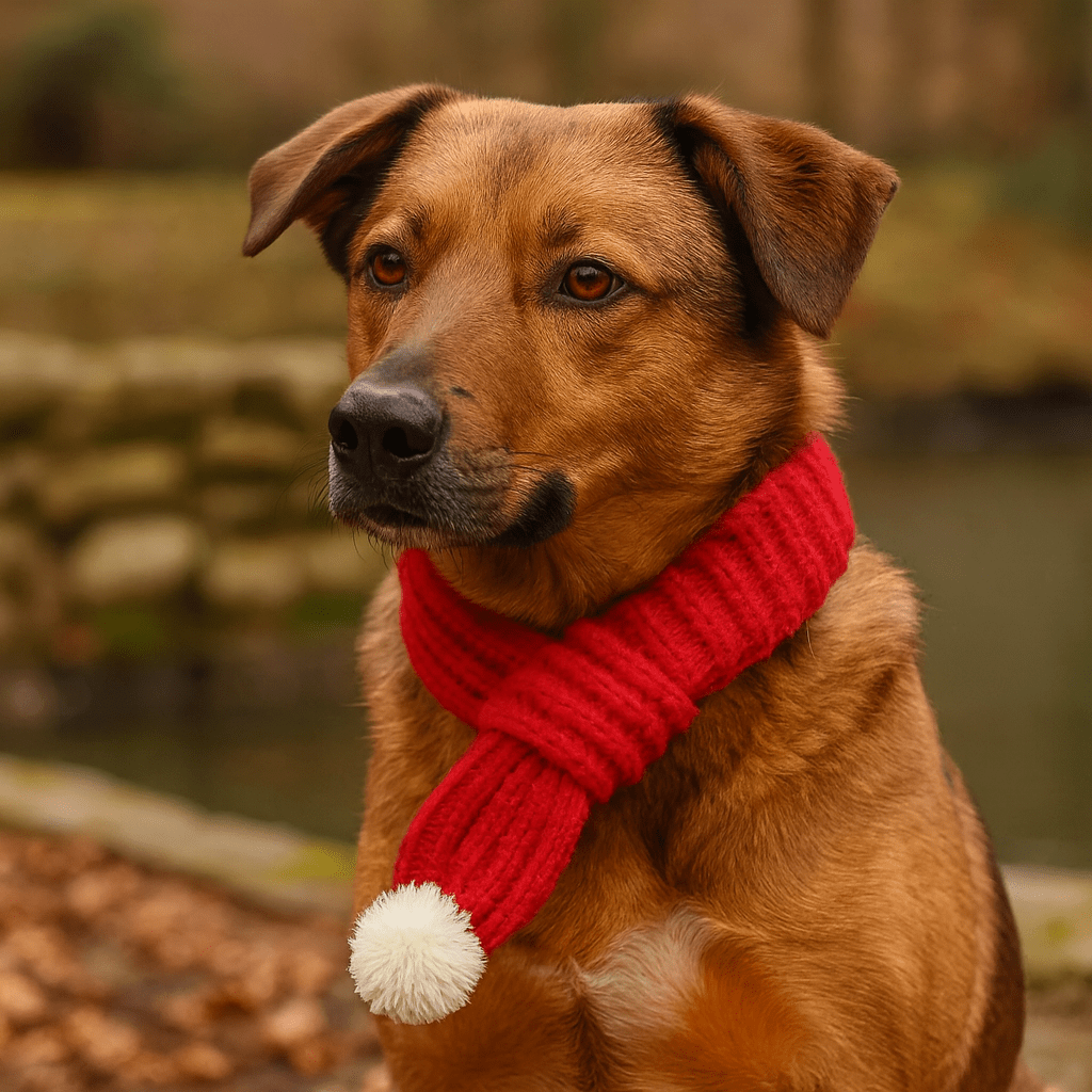 grand chien de couleur brun portant une écharpe pour chien de couleur rouge avec un pompom blanc. En fond il y a un étang brun. Image produit Boutiquechien