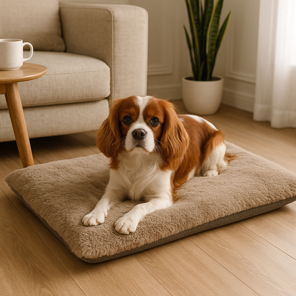 Égneul brun et blanc couché sur un tapis brun posé dans un salon de couleur claire. En fond il y a un canapé gris et une plante verte. Image produit Boutiquechien  Image