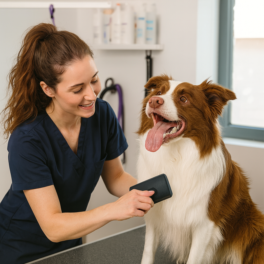 Brosse magique chien de couleur noir se faisant brosser par une femme 