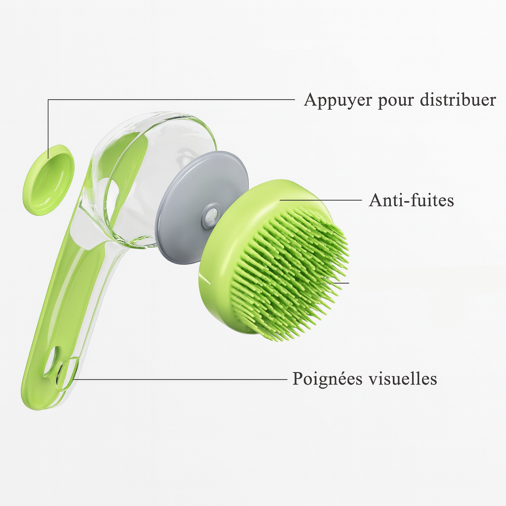 fonctionnement de la brosse de massage verte avec toutes les parties