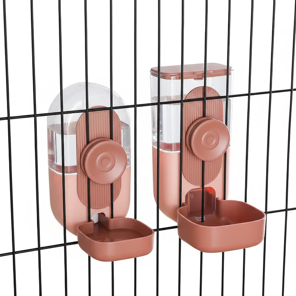 Gamelle double d'eau de couleur rose avec toutes les dimensions sur un grillage noir. Image produit Boutiquechien