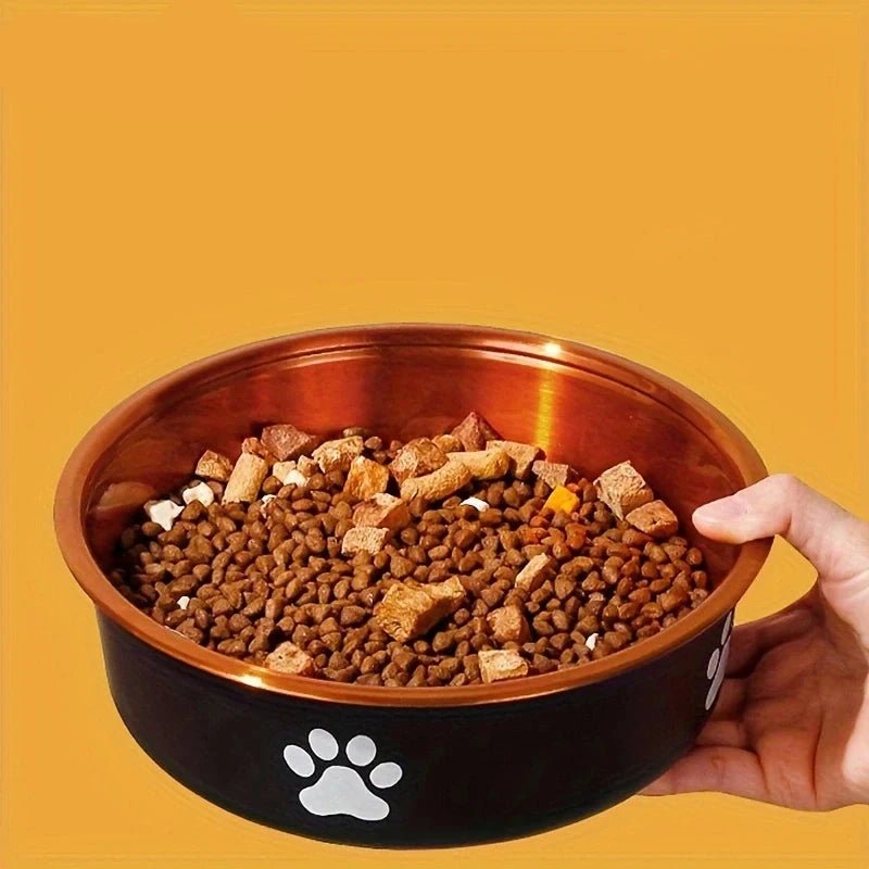 Croquette pour chien dans une gamelle de couleur bronze et noir avec patte blanche. Le produit est tenu par une main blanche. Image produit Boutiquechien