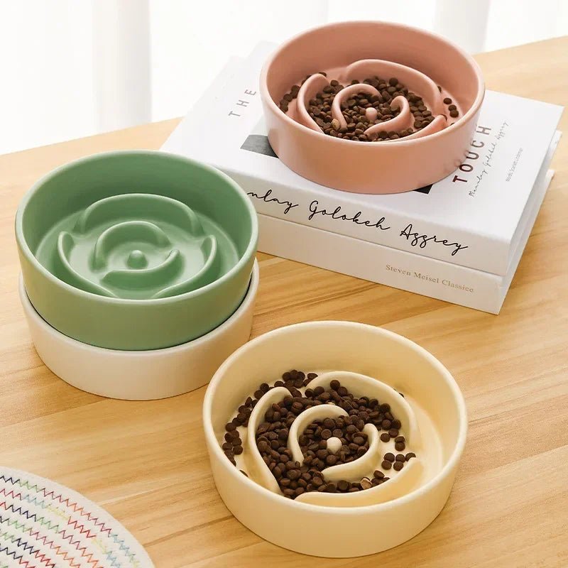 Gamelle anti glouton chien ceramique mis en valeur sur une table 