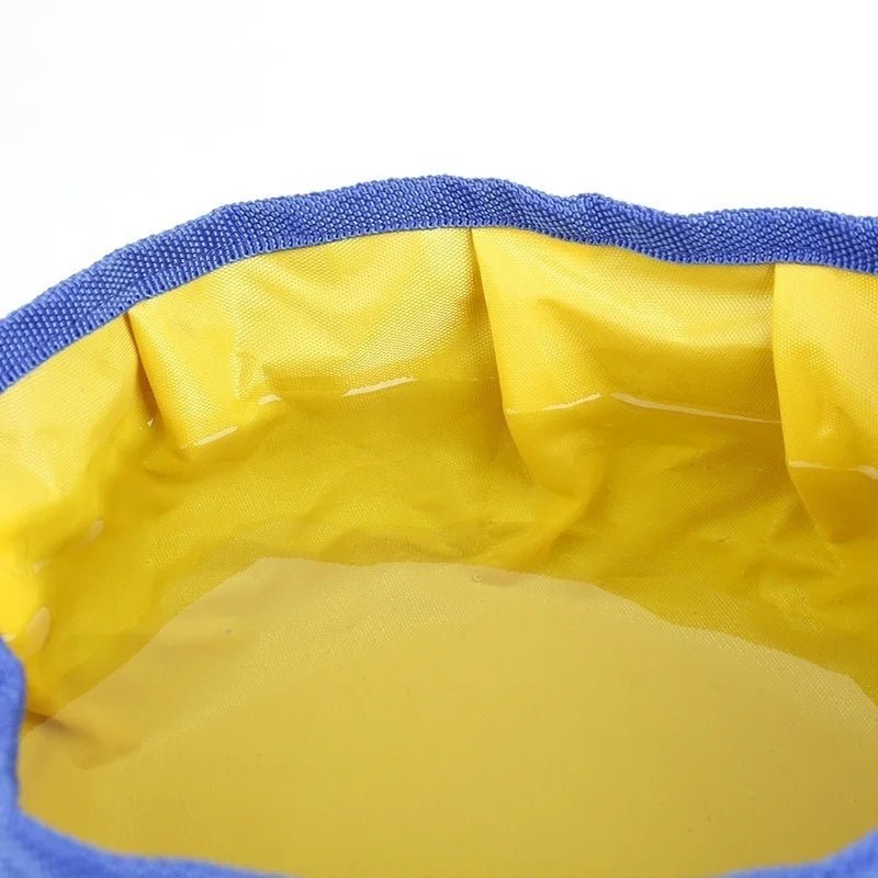 gamelle pour chien pliante de couleur bleu et jaune de boutiquechien avec de l'eau dedans 