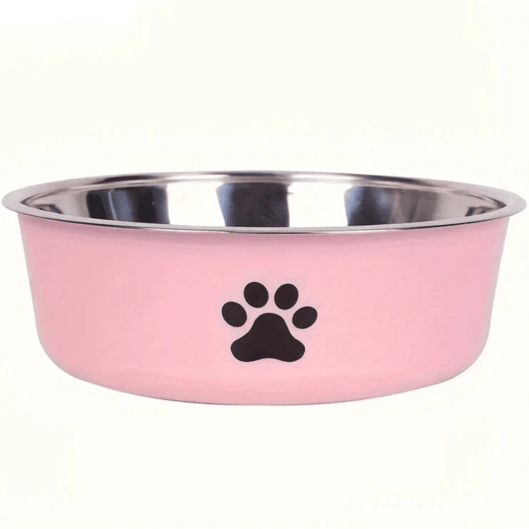 Gamelle pour chien anti-dérapante de couleur rose avec une forme de patte noir. La gamelle est en inox. Image produit Boutiquechien