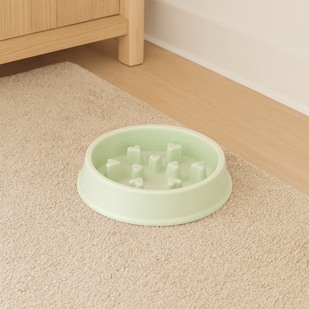 gamelle pour chien anti glouton de couleur vert dans un salon de couleur claire. La gamelle anti-glouton pour chien est sur un tapis de couleur beige. Image produit Boutiquechien