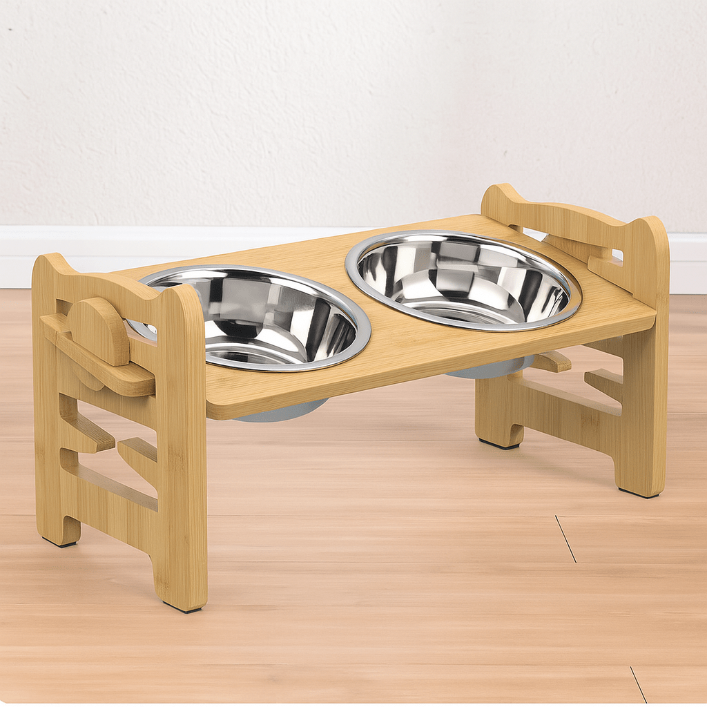 Gamelle double pour chien sur un support bois avec deux gamelles en inox.Image produit Boutiquechien