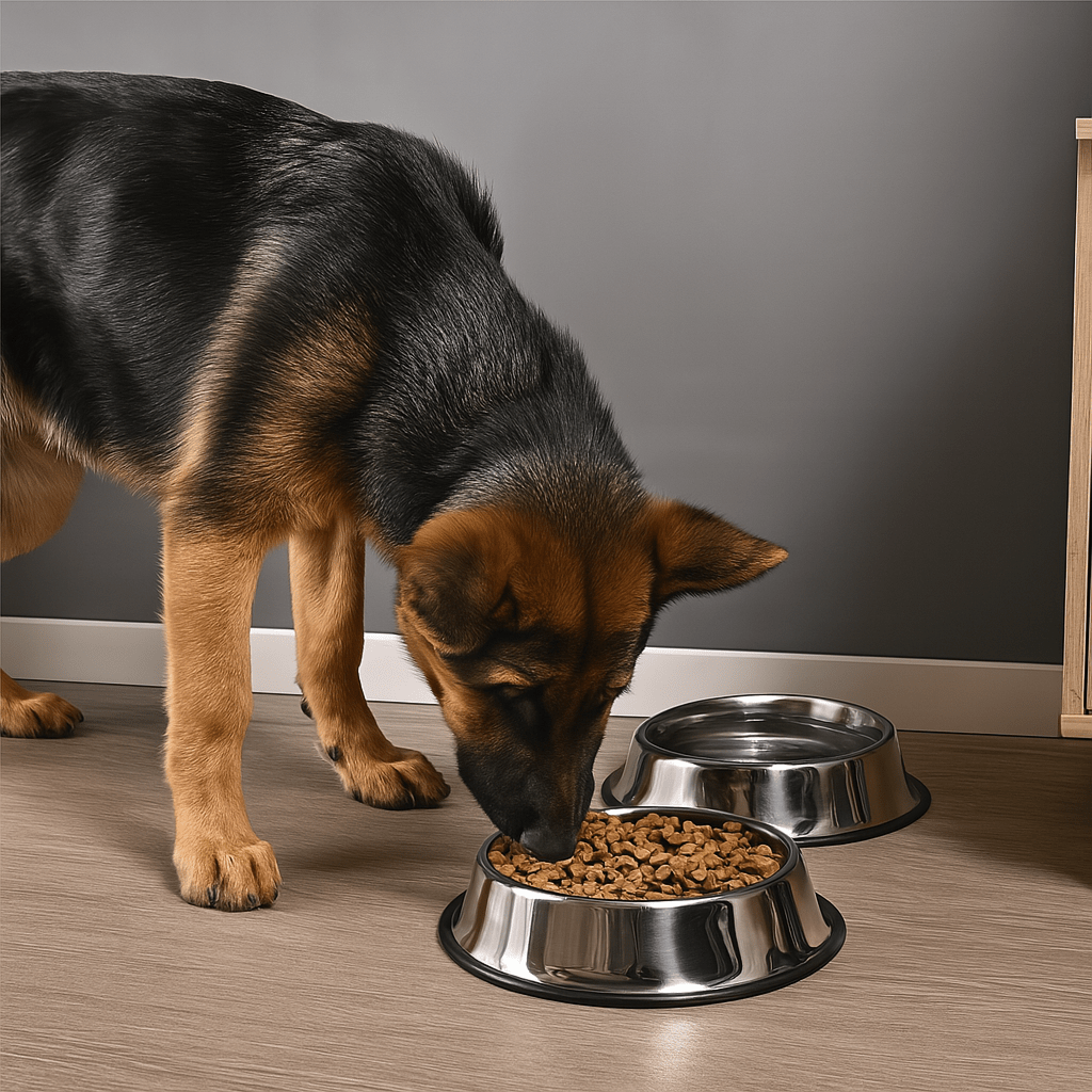 Gros chien noir et brun mangeant dans sa gamelle en inox anti-dérapante de couleur noir. La gamelle est posé dans un salon avec un mur et un meuble bois. Image produit Boutiquechien