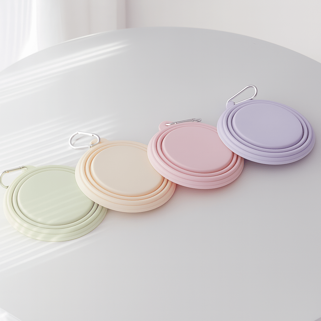 Gamelle pliante pour chien plié. Les gamelles sont de différentes couleur et sont posé sur une table blanche. En fond il y a un mur blanc et un rideau blanc. Image produit Boutiquechien