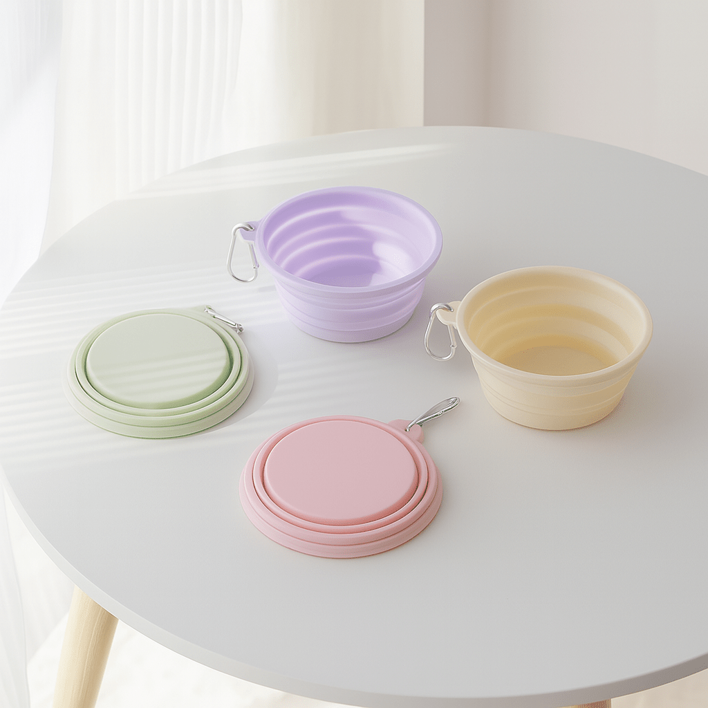 Gamelle pour chien pliante de différente couleur posé sur une table de couleur blanche. En fond il y a un mur blanc et un rideau blanc. Image produit Boutiquechien