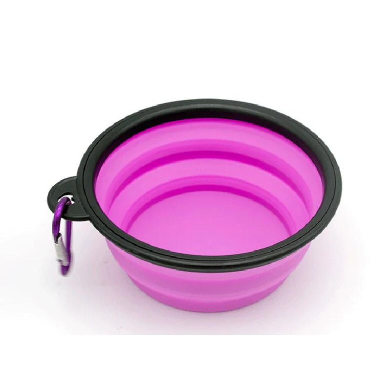 Gamelle pour chien de couleur violette pliante transportable facilement dans un fond blanc. Image produit Boutiquechien